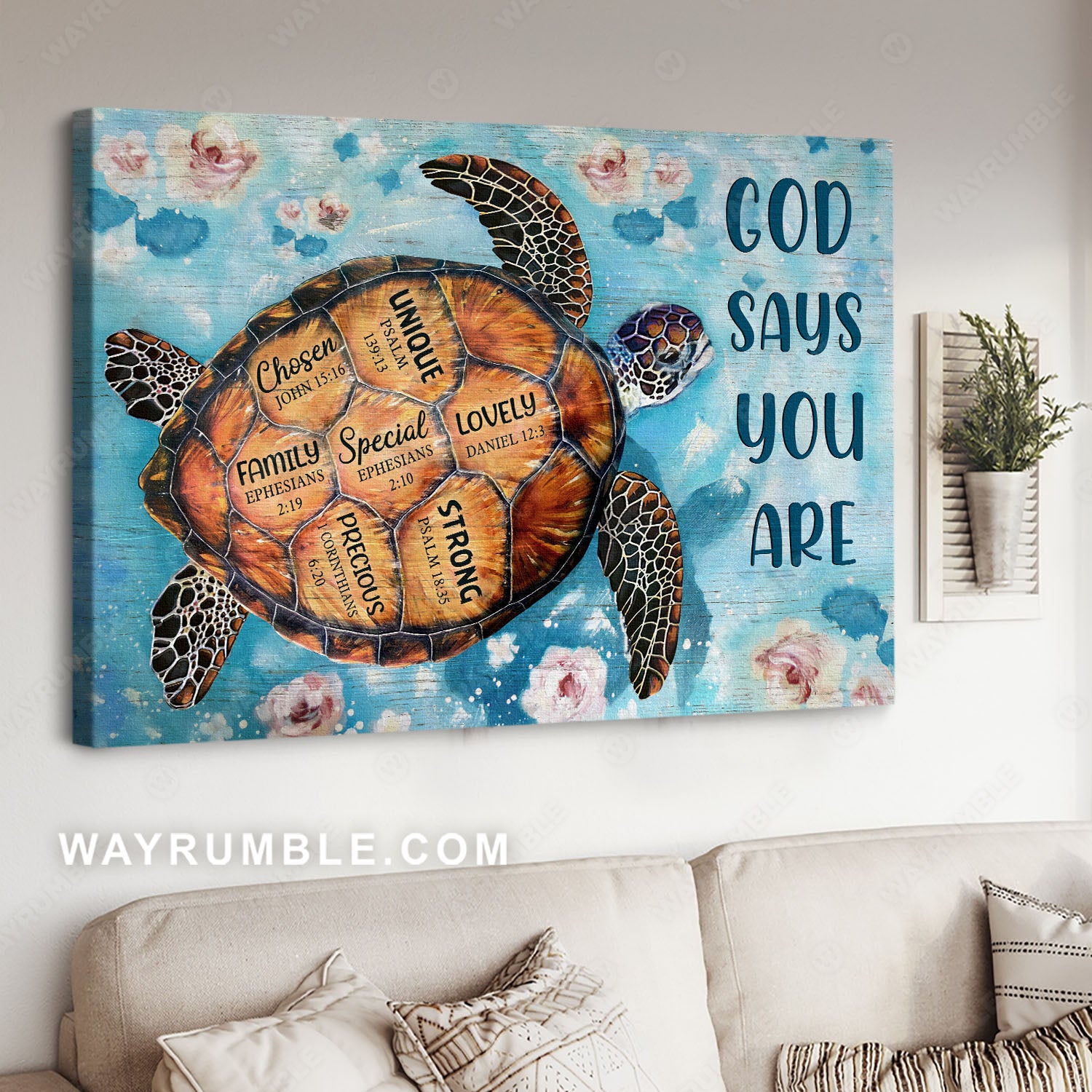 Sea turtle, Blue water, Flower on water, God says you are - Jesus Landscape Canvas Prints, Christian Wall Art