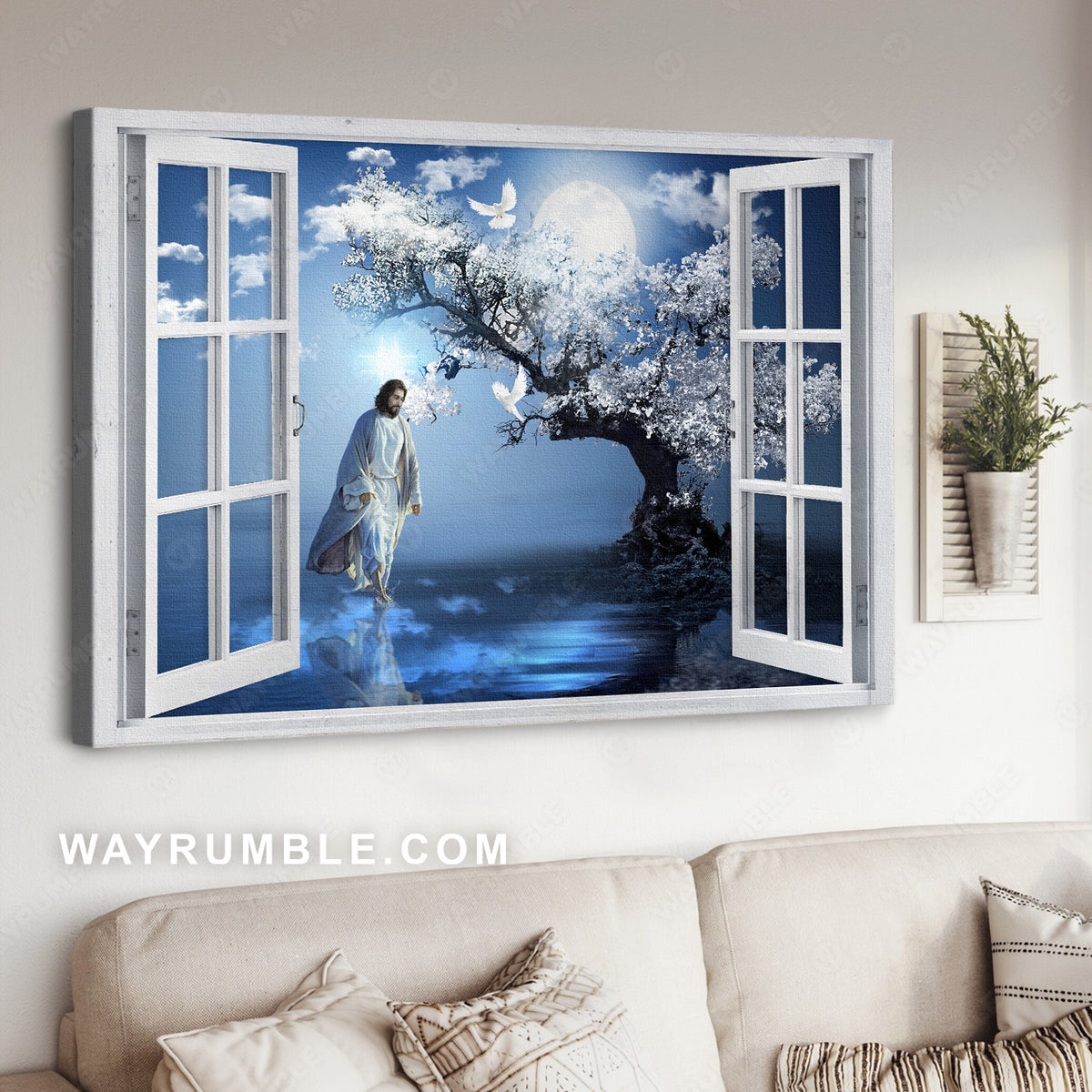 Blue night, Magic tree, Full moon, White dove, Walking with Jesus - Jesus Landscape Canvas Prints, Christian Wall Art