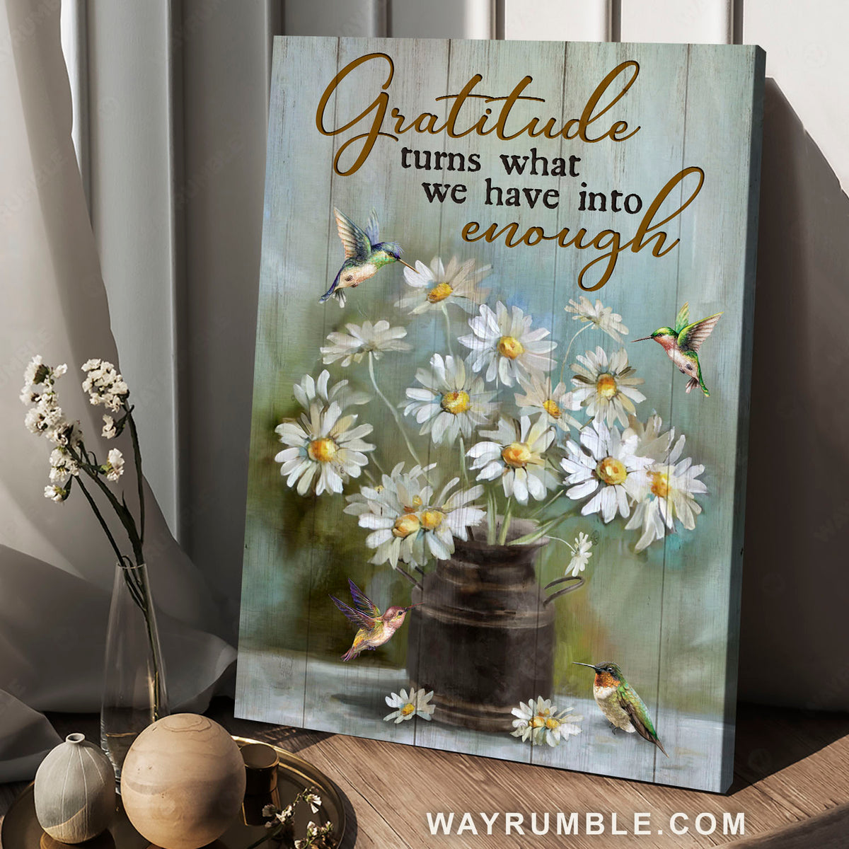 Daisy flowers, Colorful hummingbirds, Gratitude turns into enough - Jesus Portrait Canvas Prints, Christian Wall Art