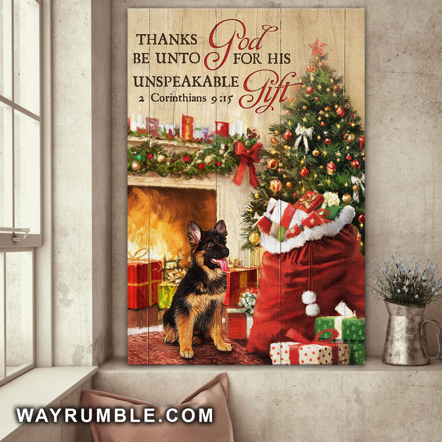 German shepherd, Christmas, Thanks god be unto for his unspeakable gift - Jesus Portrait Canvas Prints, Wall Art