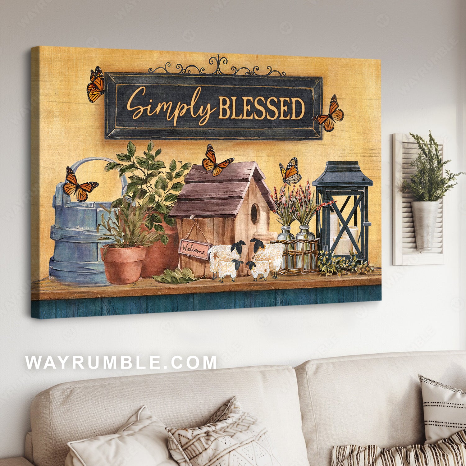 Vintage garden, Wooden birdhouse, Orange butterfly, Simply blessed - Jesus Landscape Canvas Prints, Christian Wall Art