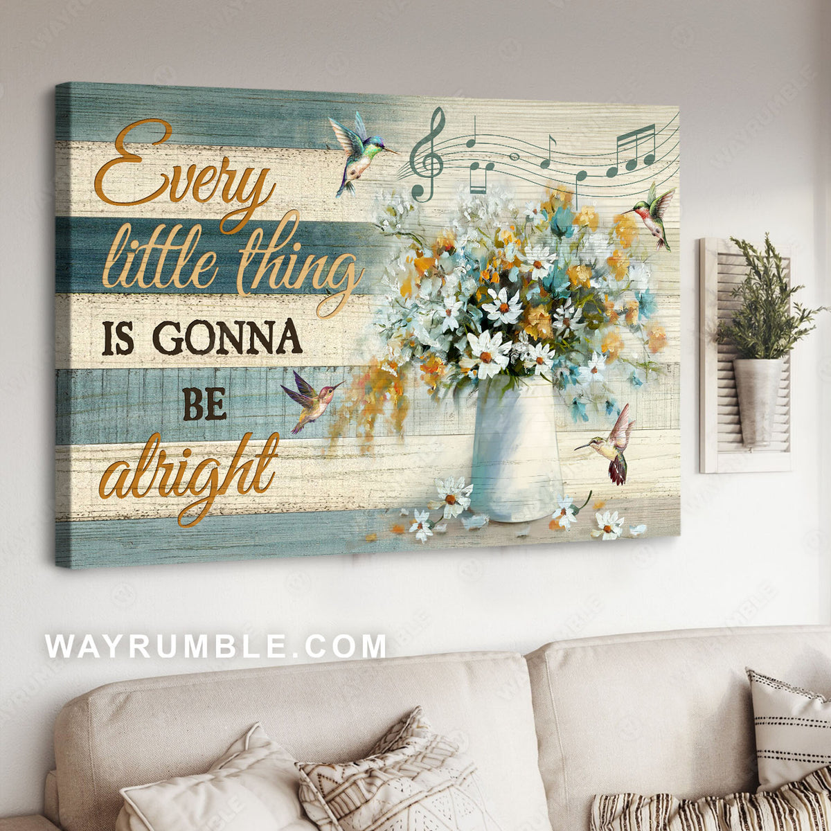 Daisy flowers, White vase, Flying hummingbirds, Gonna be alright - Jesus Landscape Canvas Prints, Christian Wall Art