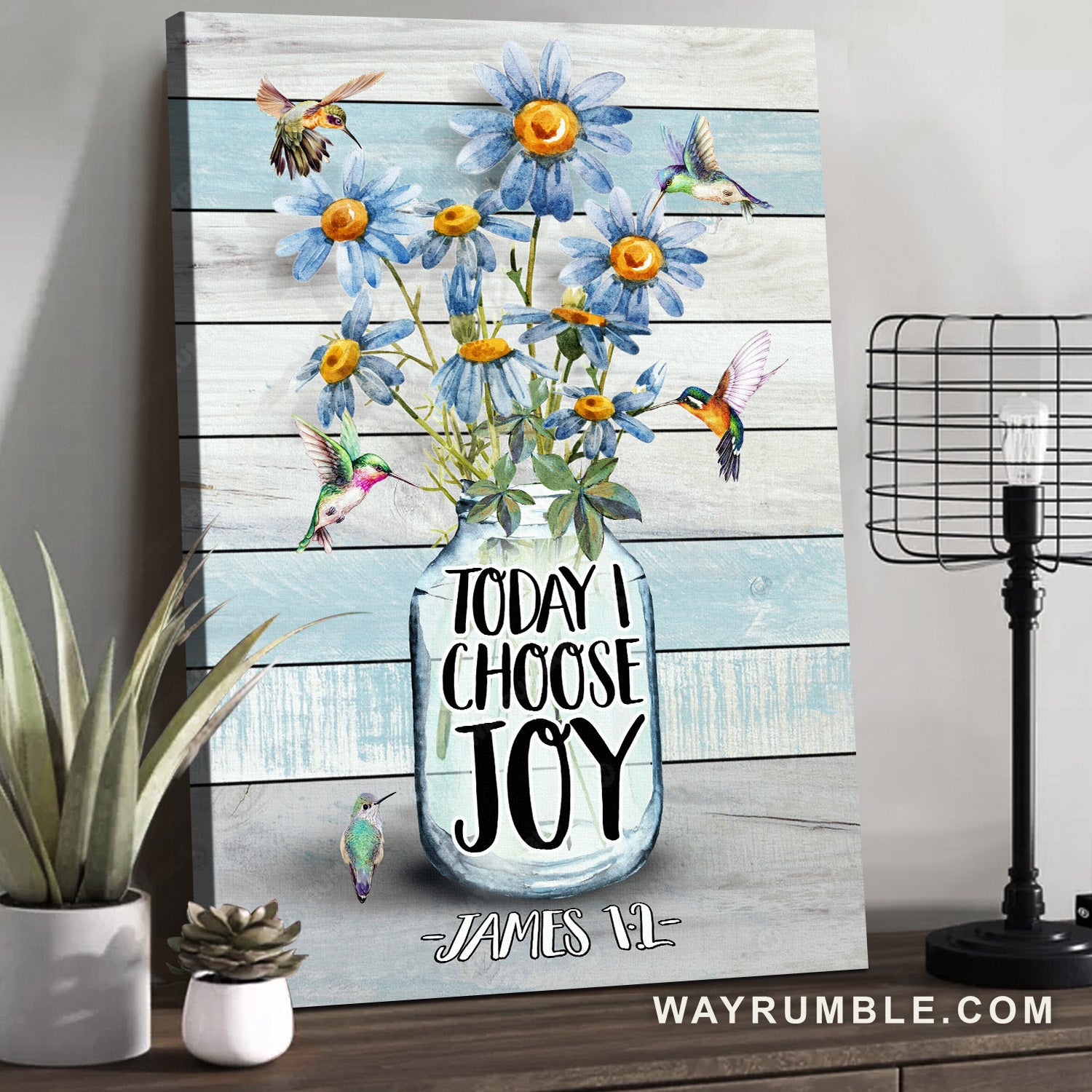 Blue daisy vase, Stunning hummingbird, Pretty flower, Today I choose joy - Jesus Portrait Canvas Prints, Home Decor Wall Art