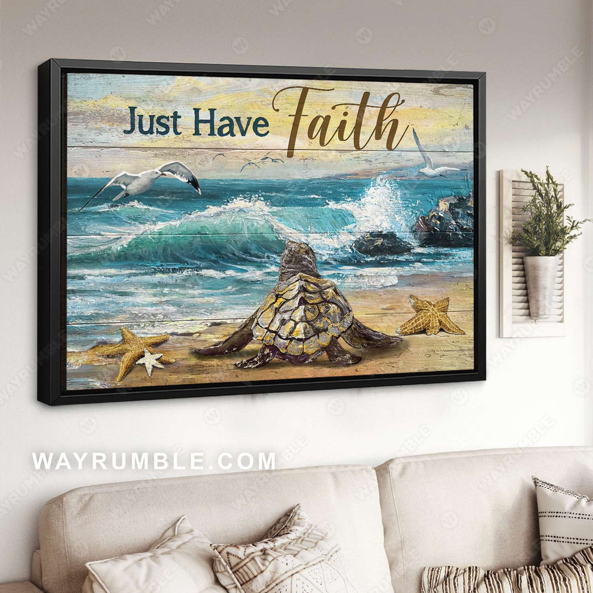 Sea turtle, Starfish, Gull, Blue beach, Just have faith - Jesus Landscape Canvas Prints, Christian Wall Art