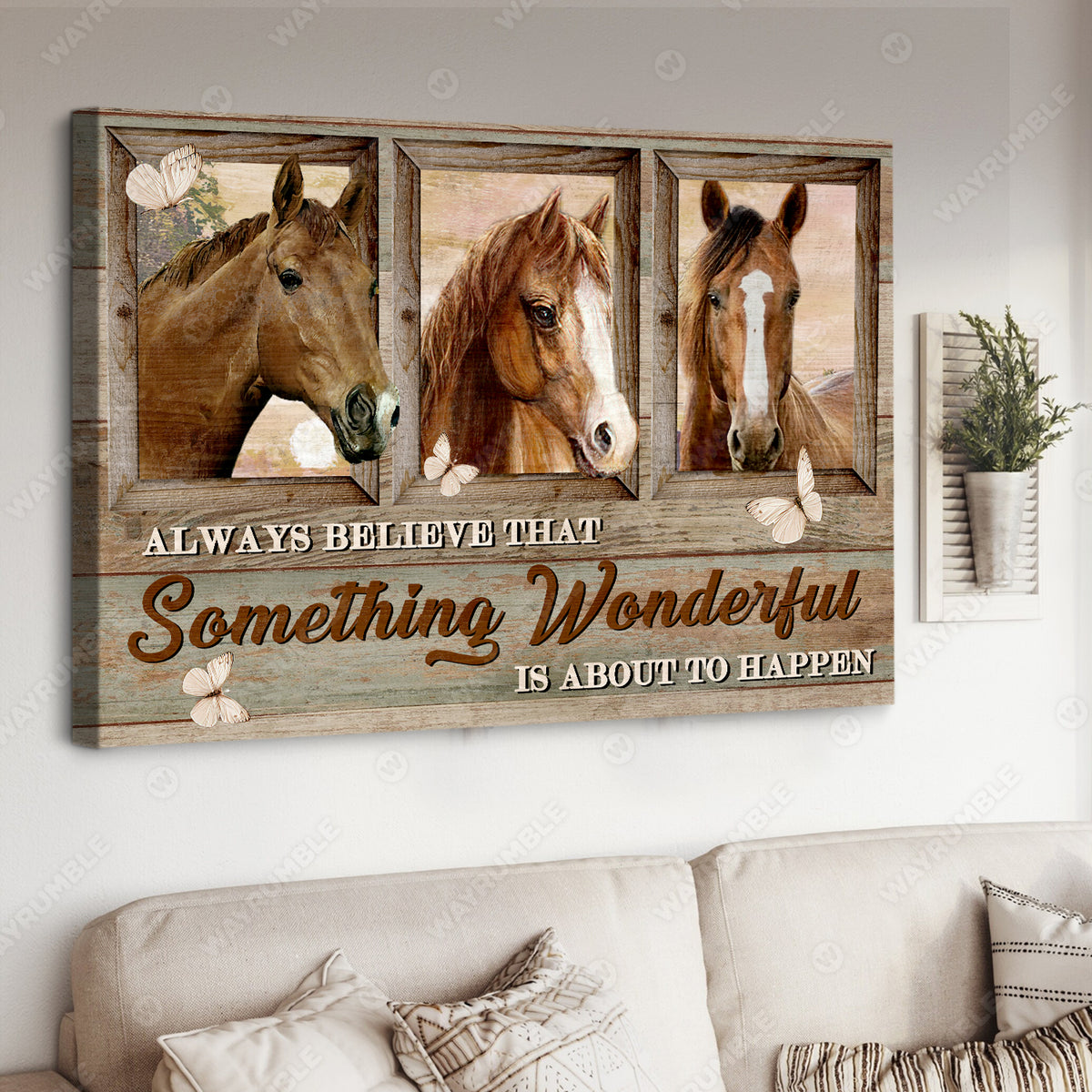 Three horse painting, White butterfly, Always believe that something wonderful - Jesus Landscape Canvas Prints, Christian Wall Art
