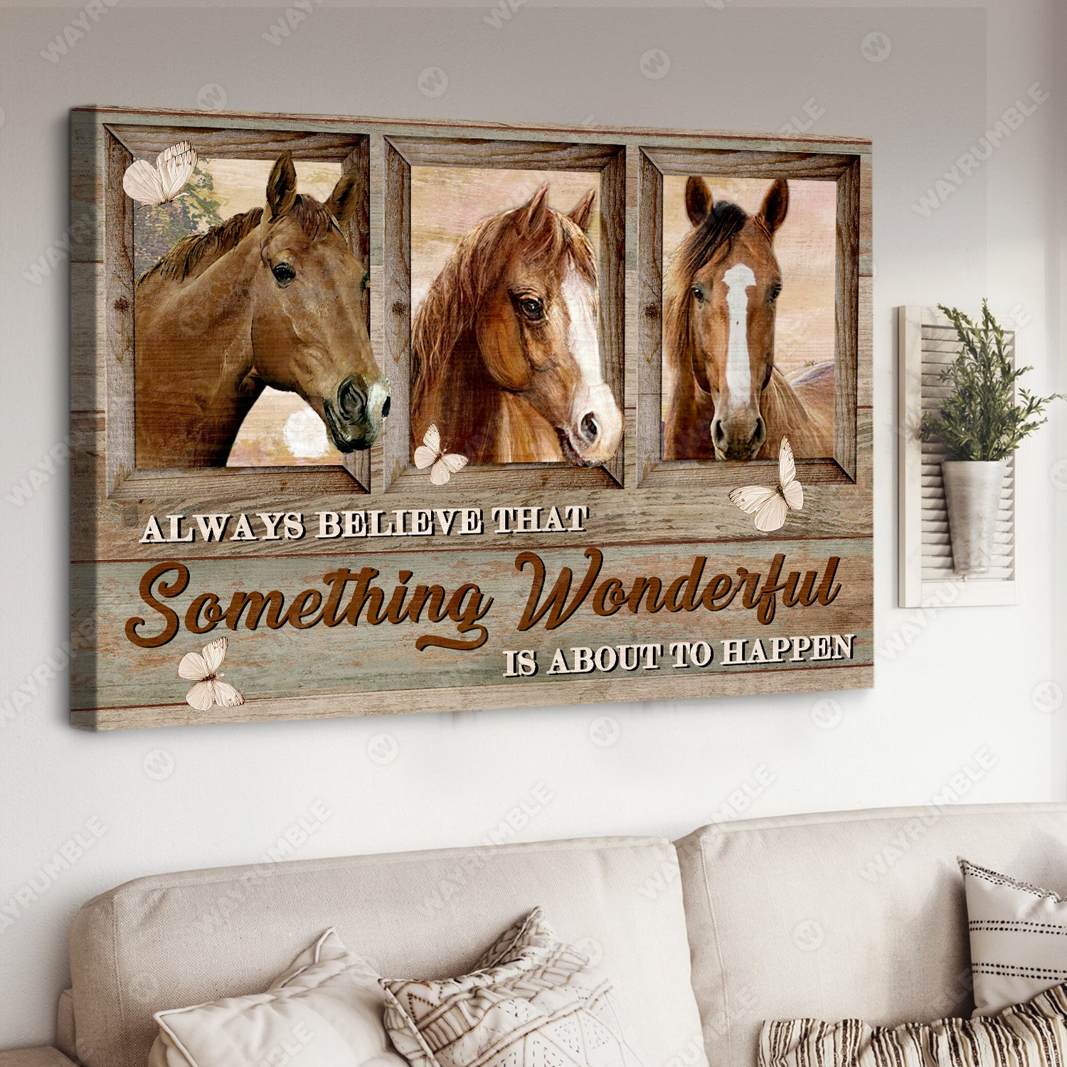 Three horse painting, White butterfly, Always believe that something wonderful - Jesus Landscape Canvas Prints, Christian Wall Art