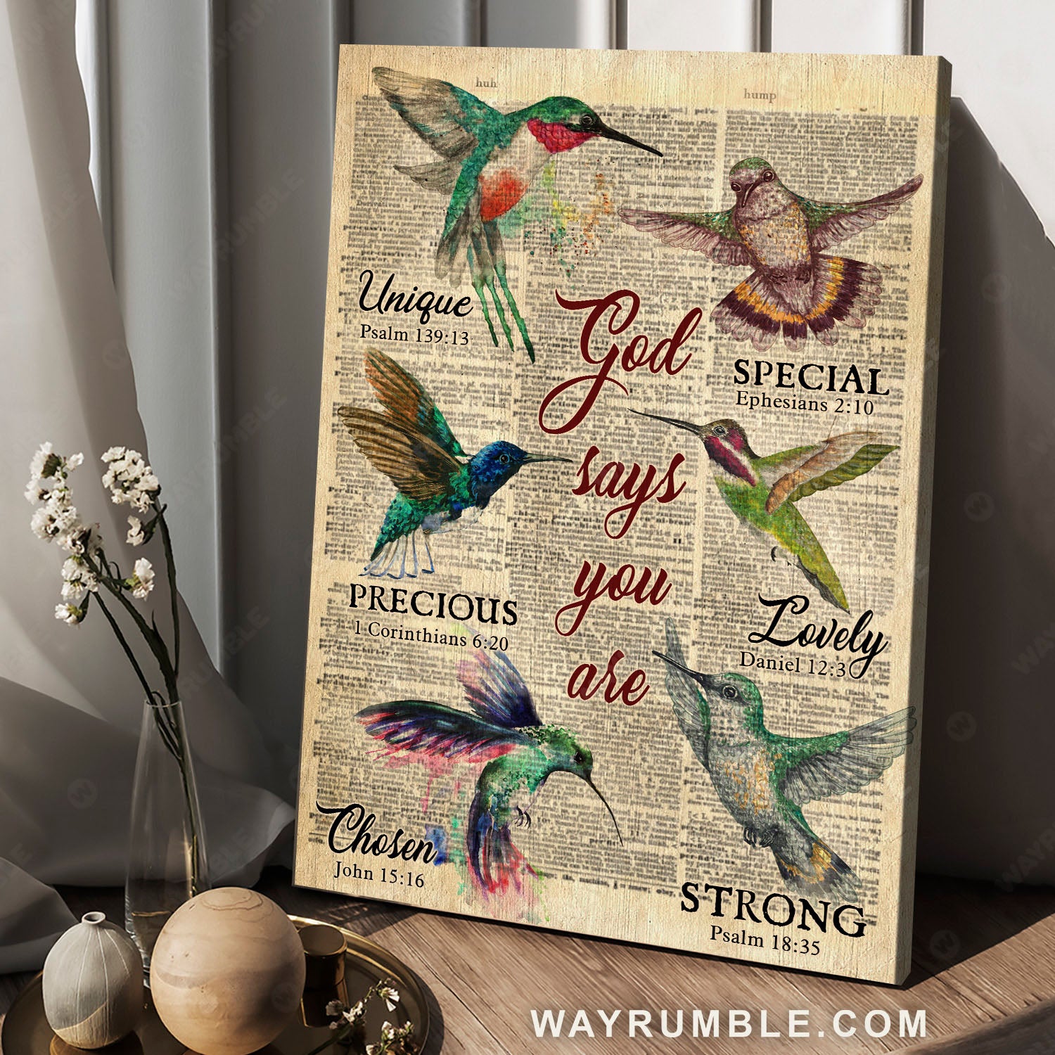 Hummingbird painting, Newspaper background, God says you are - Jesus Portrait Canvas Prints, Christian Wall Art