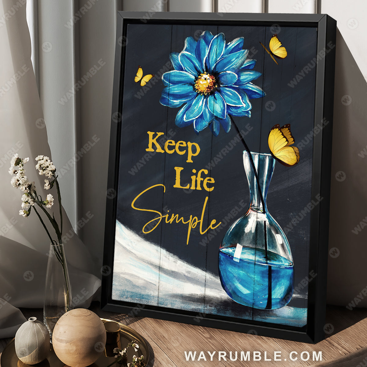 Blue daisy drawing, Yellow butterfly, Still life painting, Keep life simple - Jesus Portrait Canvas Prints, Christian Wall Art
