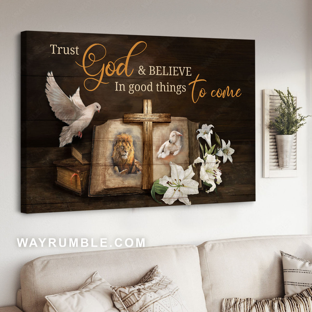 The bible, Lily flower painting, Doves of peace, Trust God and Believe in good things to come - Jesus Landscape Canvas Prints, Christian Wall Art