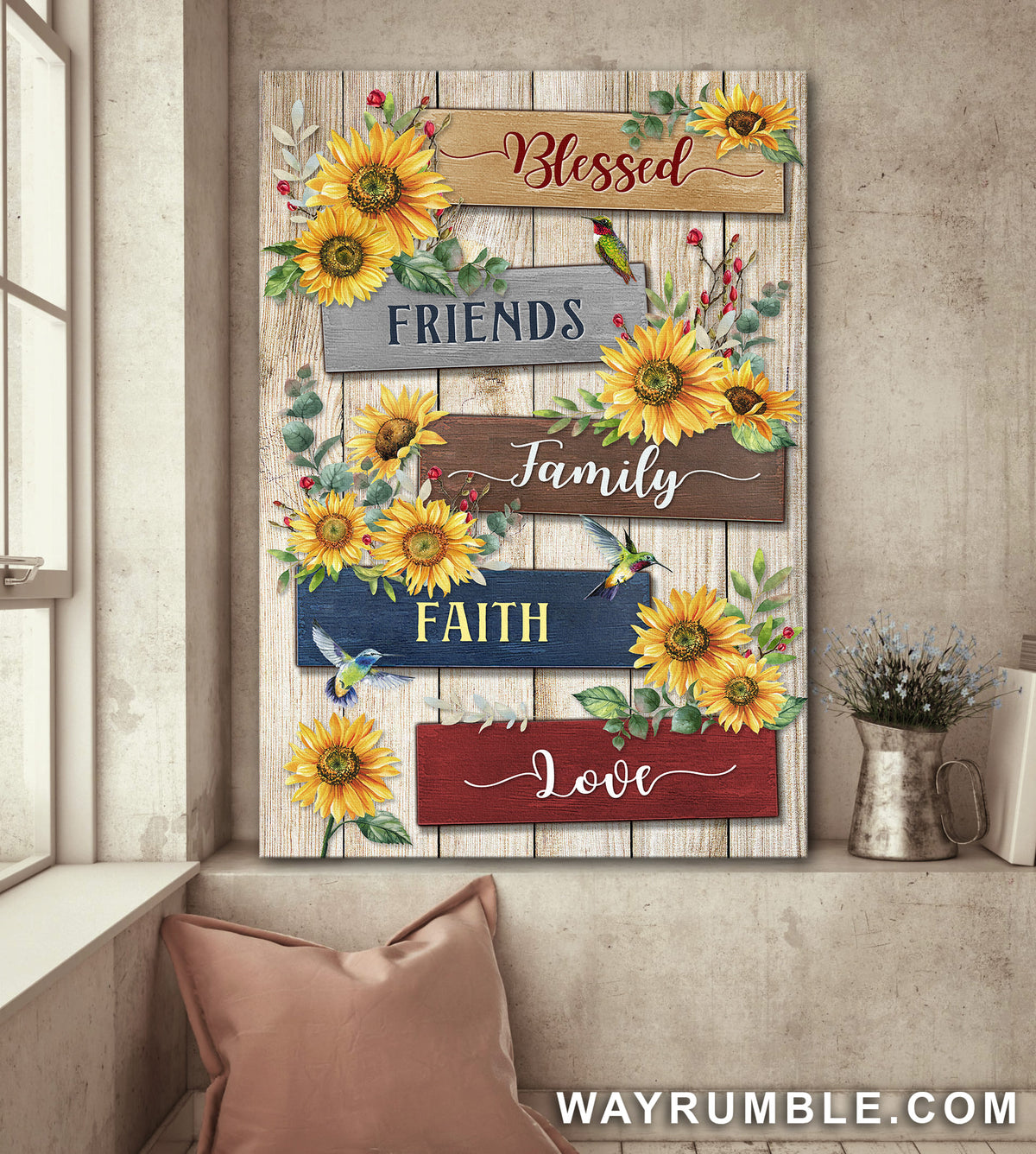 Sunflower, Hummingbird, Blessed, friends, family, faith, love - Jesus Portrait Canvas Prints, Wall Art