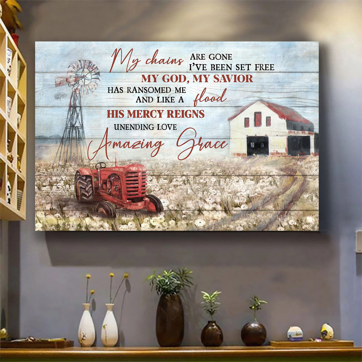 Flower field, Tranquil Farm, Electric Tricycle, His mercy reigns Unending love - Jesus Landscape Canvas Prints, Wall Art
