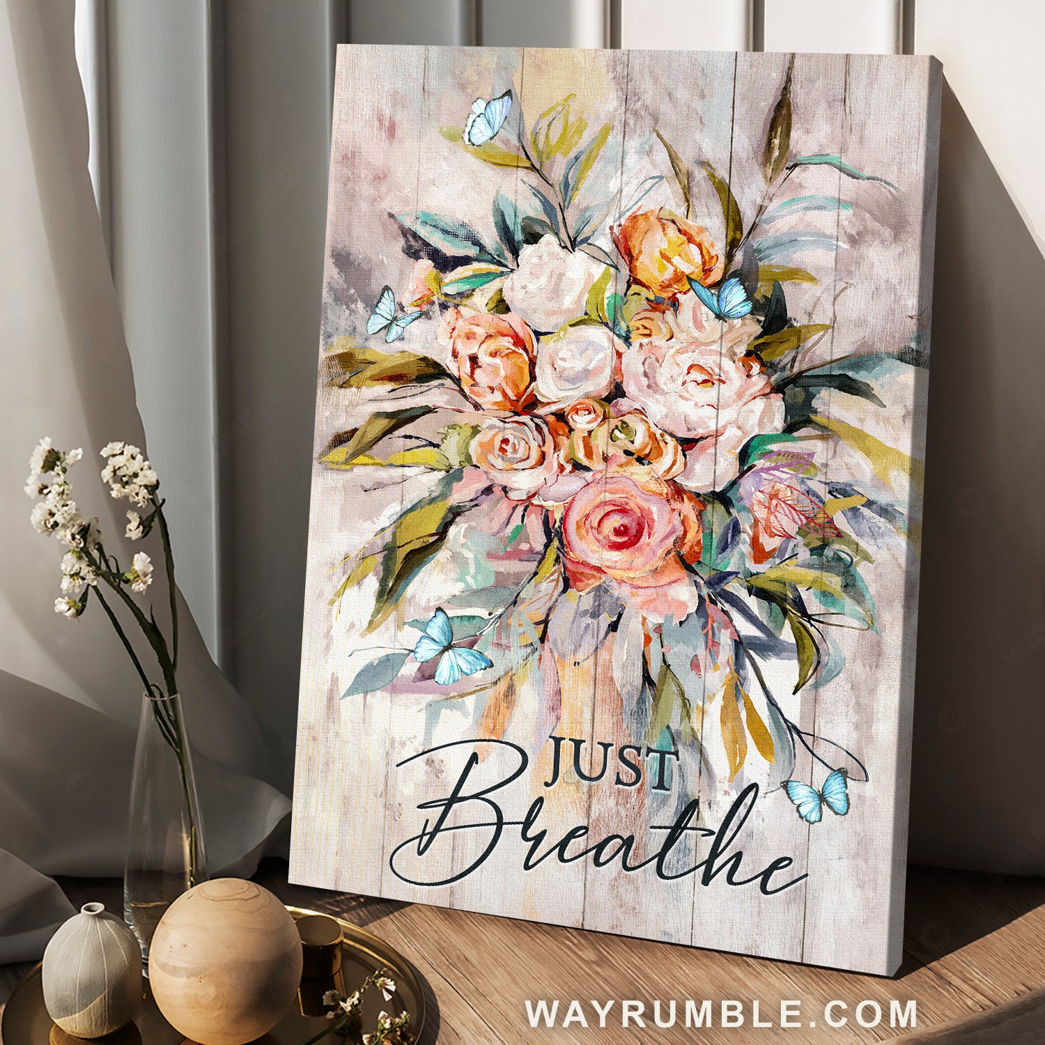Watercolor rose, Blue butterfly, Gift for flower lover, Just breathe - Jesus Portrait Canvas Prints, Home Decor Wall Art