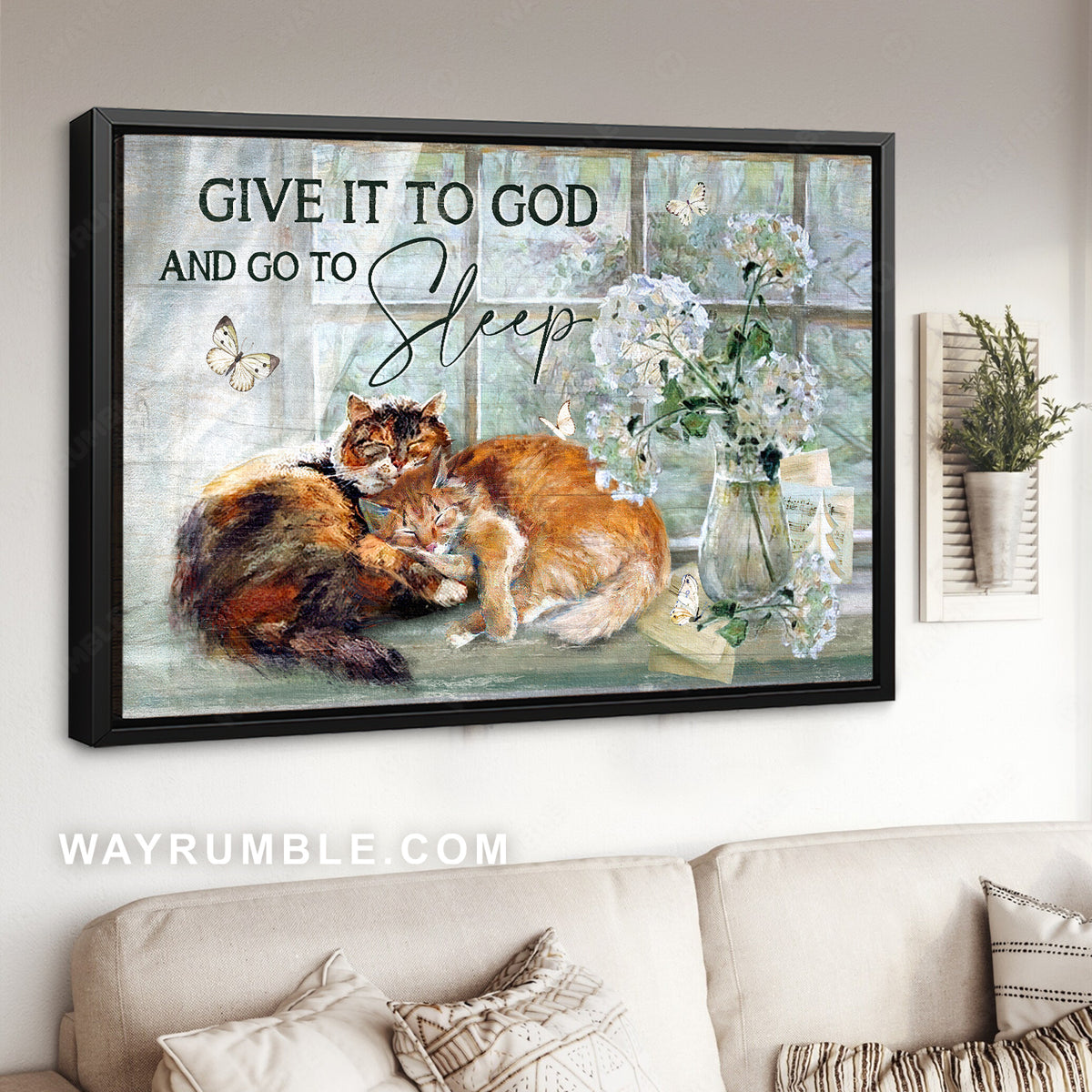 White hydrangea, Sleeping cat, Spring garden, Give it to God - Jesus Landscape Canvas Prints, Christian Wall Art