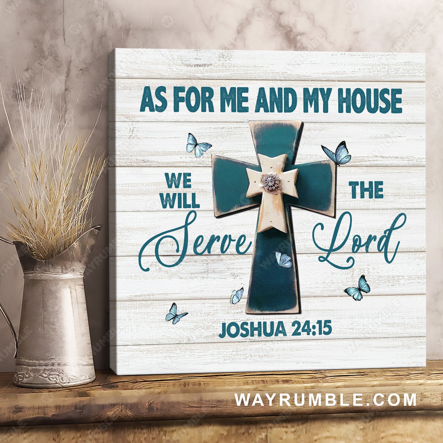 The Cross, Vintage painting, Teal color, As for me and my house, We will serve the Lord - Jesus Square Canvas Prints, Christian Wall Art