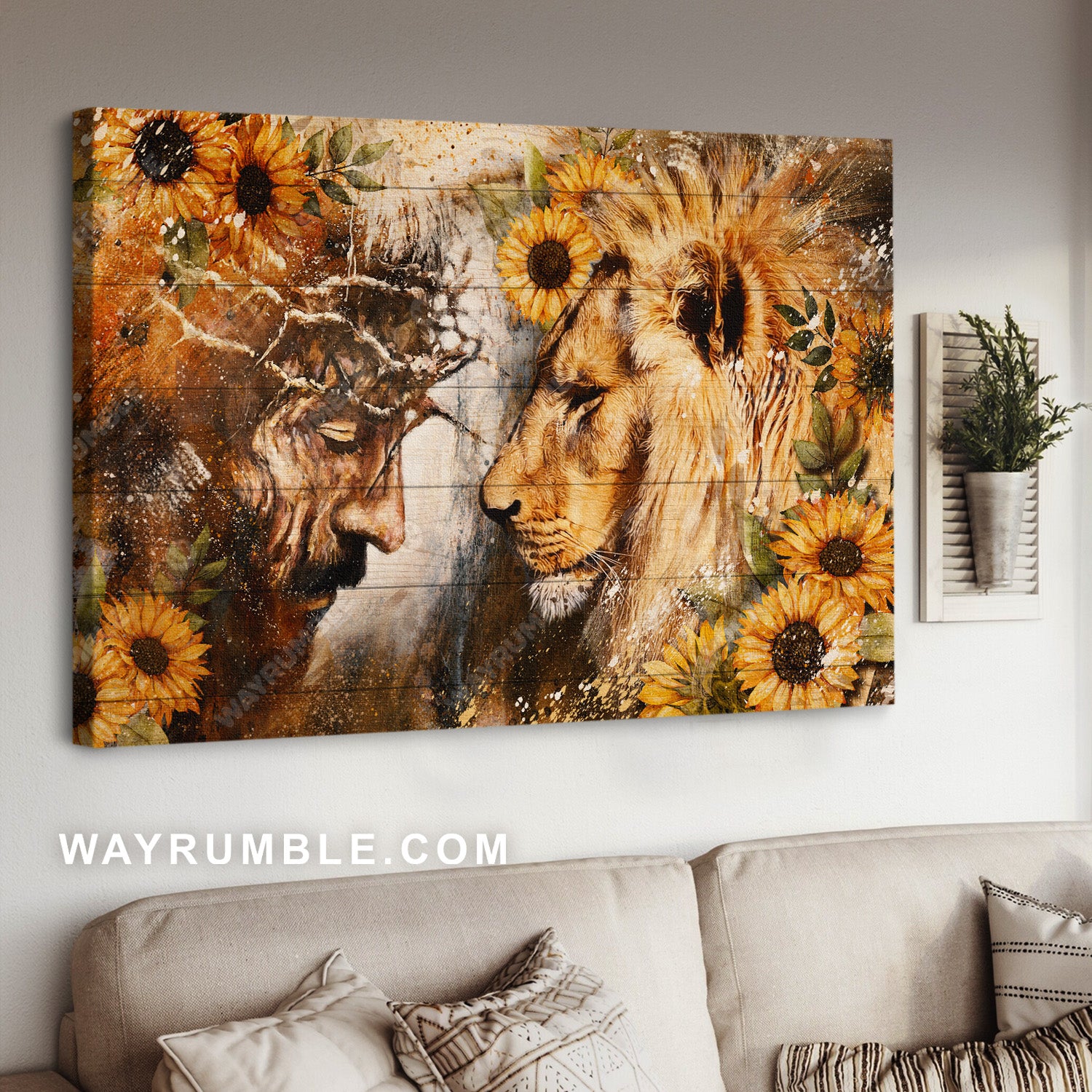 Jesus thorn crown, Lion of Judah, Face to face, Sunflower painting - Jesus Landscape Canvas Prints, Christian Wall Art
