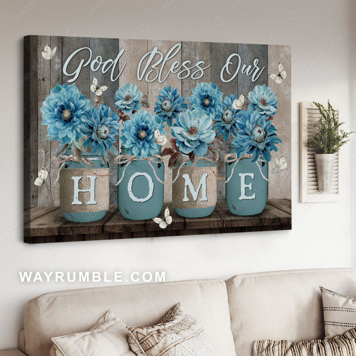 Blue flower, White butterfly, Mason jars, God bless our home - Jesus Landscape Canvas Prints, Christian Wall Art