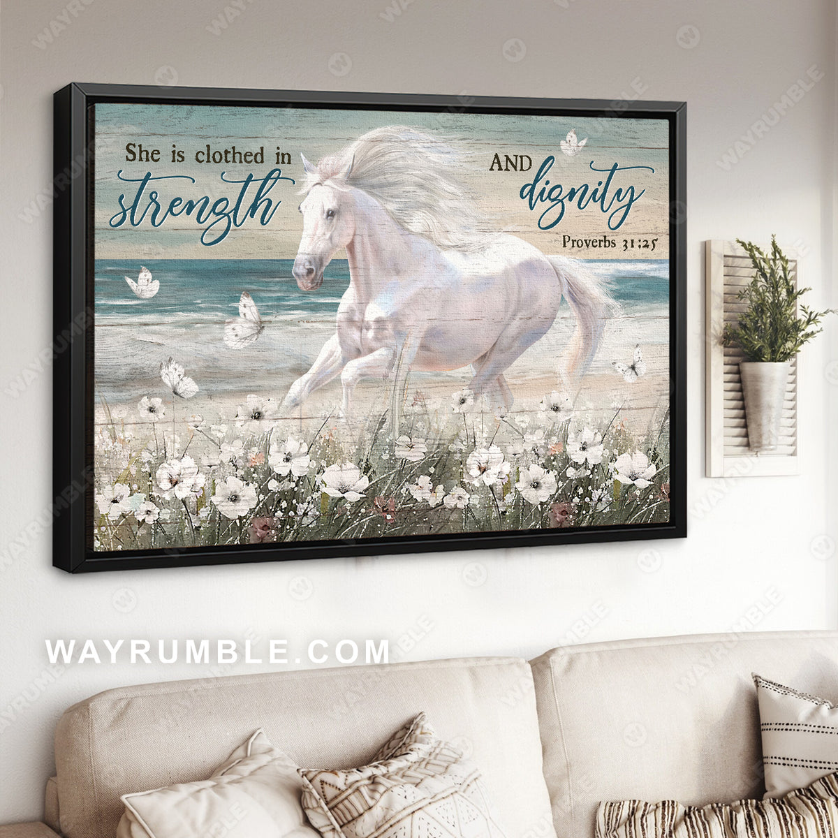 Running horse, Blue ocean, White flower, She is clothed in strength - Jesus Landscape Canvas Prints, Christian Wall Art