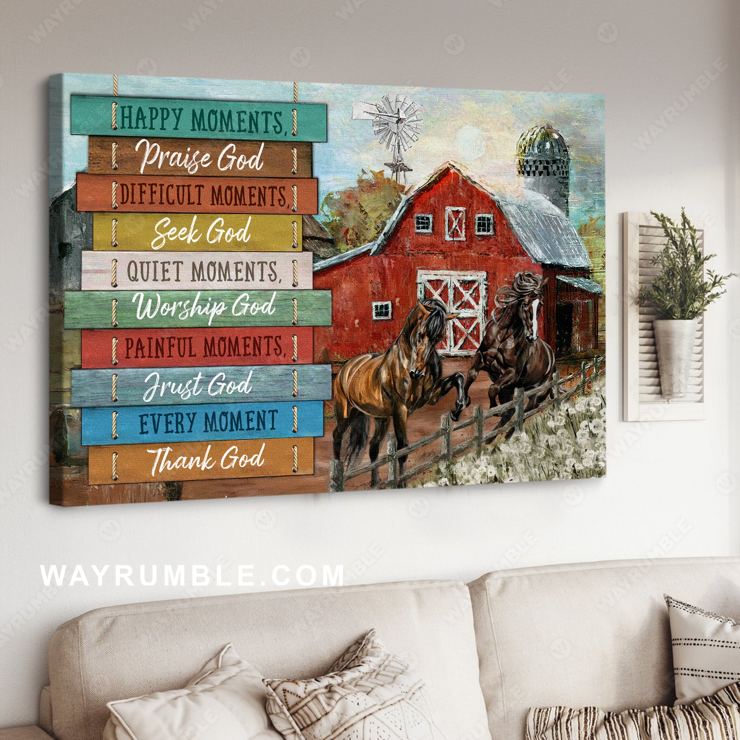 Brown horse, Watercolor house, Sign painting, Happy moments Praise God, Every moment Thank God - Jesus Landscape Canvas Prints, Christian Wall Art