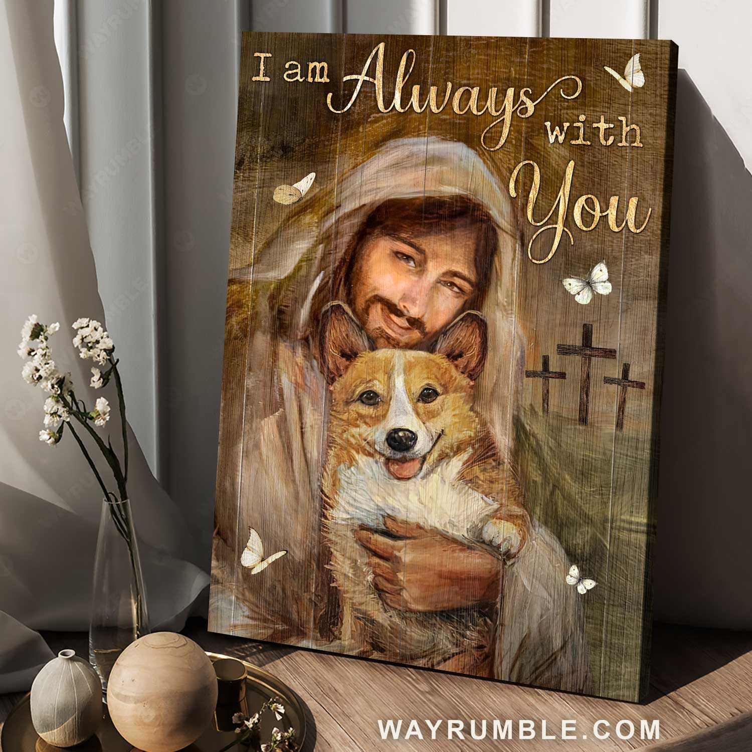 Cute Corgi dog, Happy Jesus, Watercolor painting, I am always with you - Jesus Portrait Canvas Prints, Home Decor Wall Art