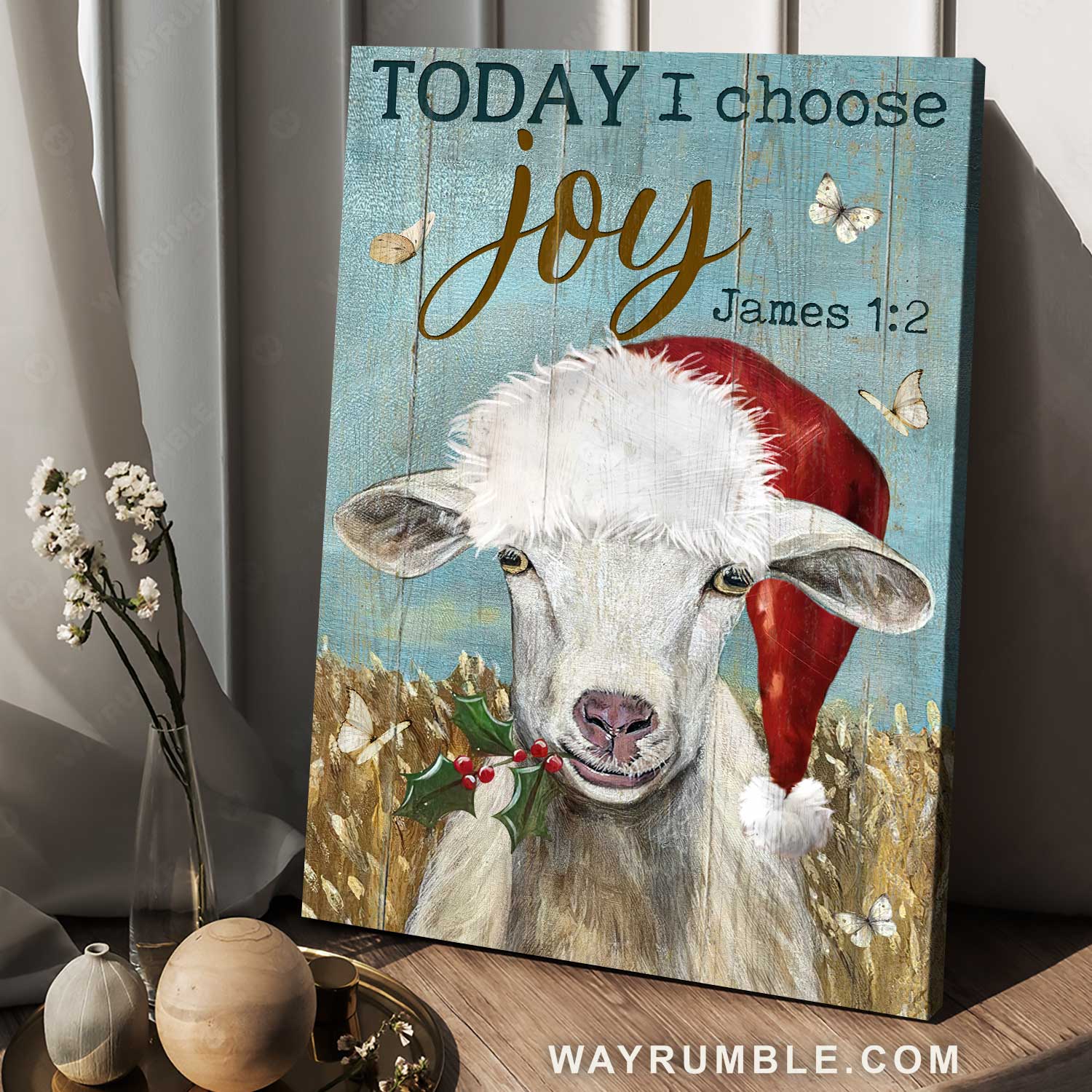 White goat, Christmas hat, Rice field, Today I choose joy - Jesus Portrait Canvas Prints, Home Decor Wall Art