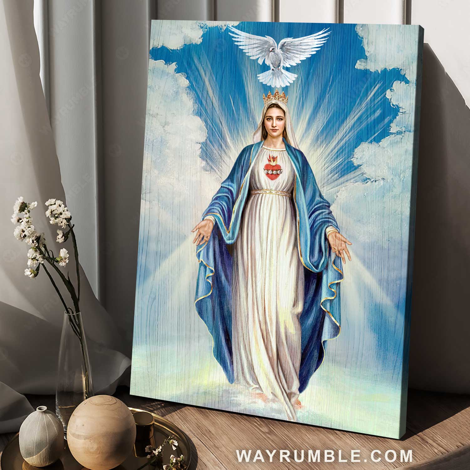 Stunning Maria painting, Blue heaven, White dove symbol - Jesus Portrait Canvas Prints, Home Decor Wall Art