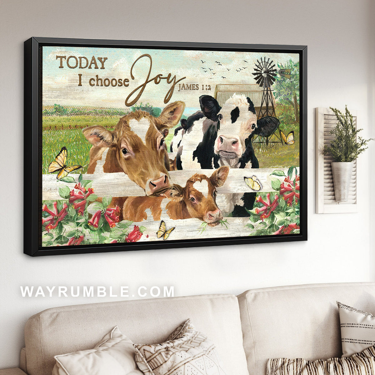 Cow farm drawing, Green meadow, Gladiolus flower, Today I choose joy - Jesus Landscape Canvas Prints, Christian Wall Art