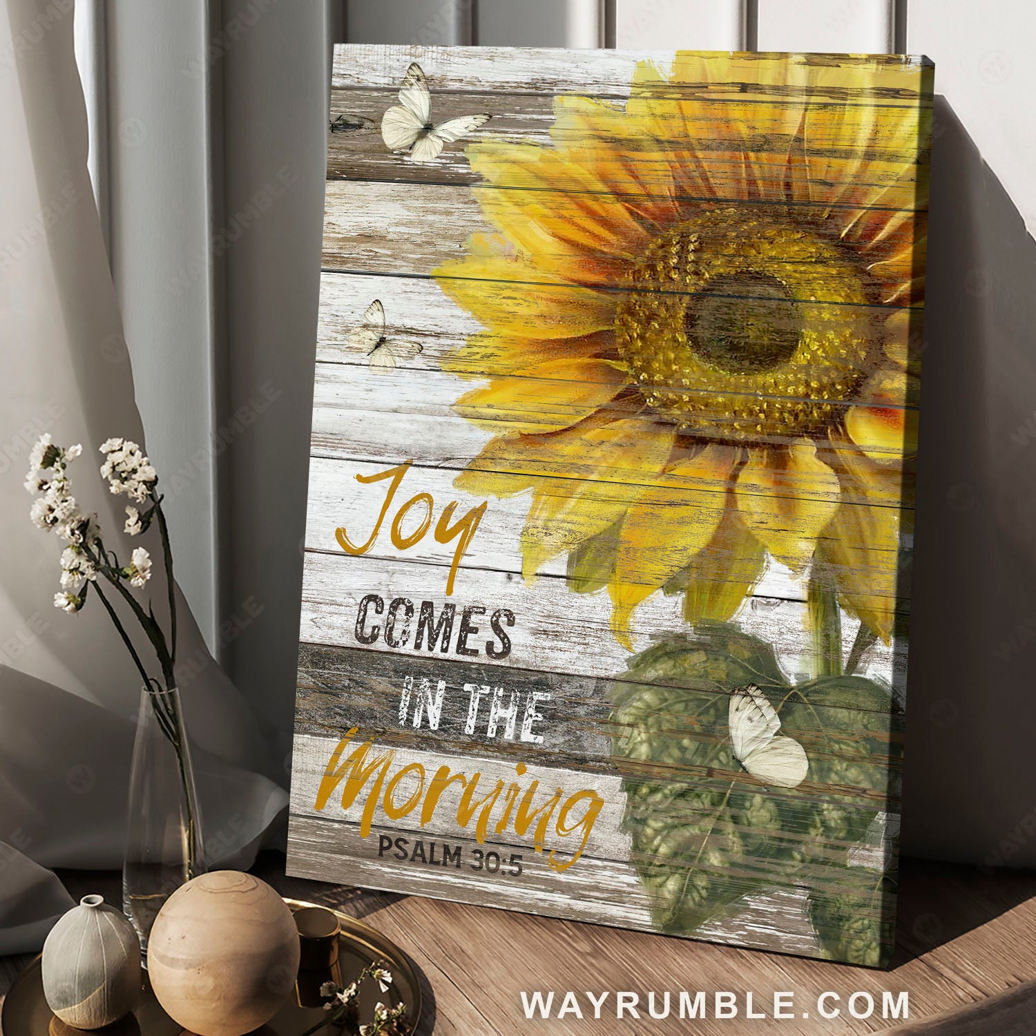 Sunflower painting, White butterfly, Joy comes in the morning - Jesus Portrait Canvas Prints, Christian Wall Art