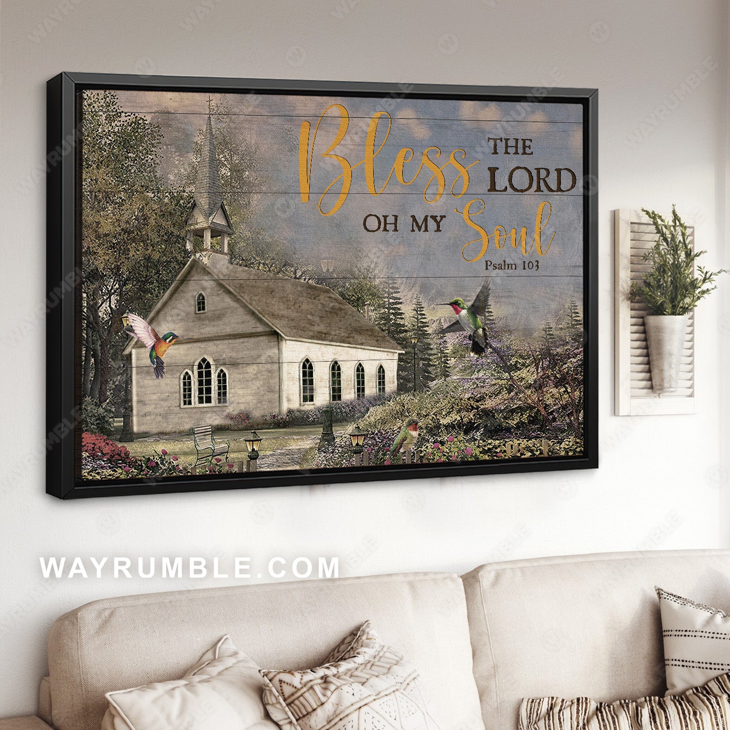 Vintage church, Colorful hummingbird, Garden, Bless the Lord - Jesus Landscape Canvas Prints, Christian Wall Art
