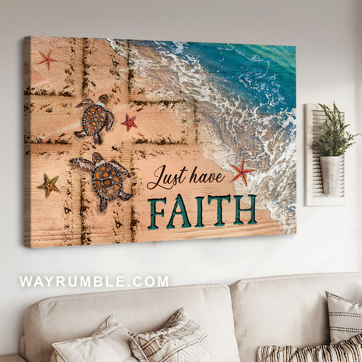 Beach painting, Turtle, Cross symbol, Just have faith - Jesus Landscape Canvas Prints, Christian Wall Art