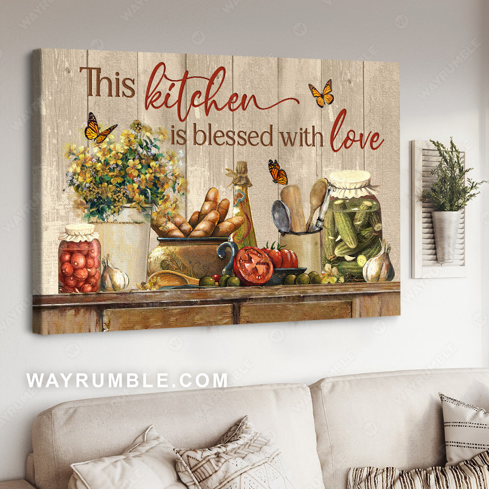 Vintage kitchen, Yellow flower, Fresh tomato, This kitchen is blessed with love - Jesus Landscape Canvas Prints, Christian Wall Art