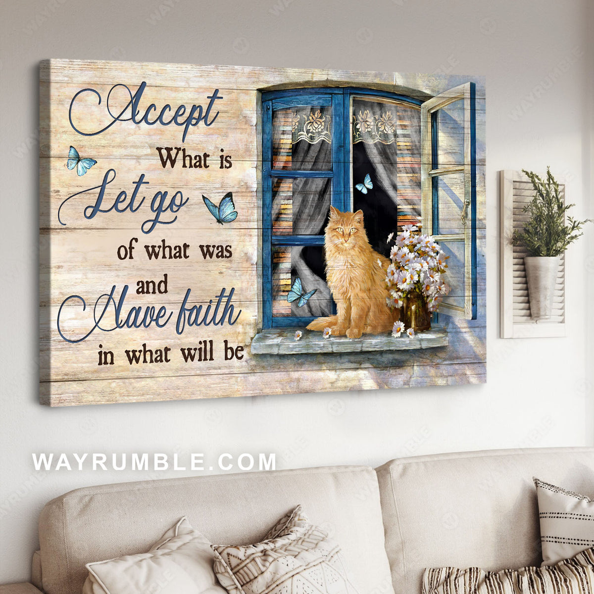 Fluffy cat, Cat window perch, White daisy. Accept what is - Jesus Landscape Canvas Prints, Christian Wall Art