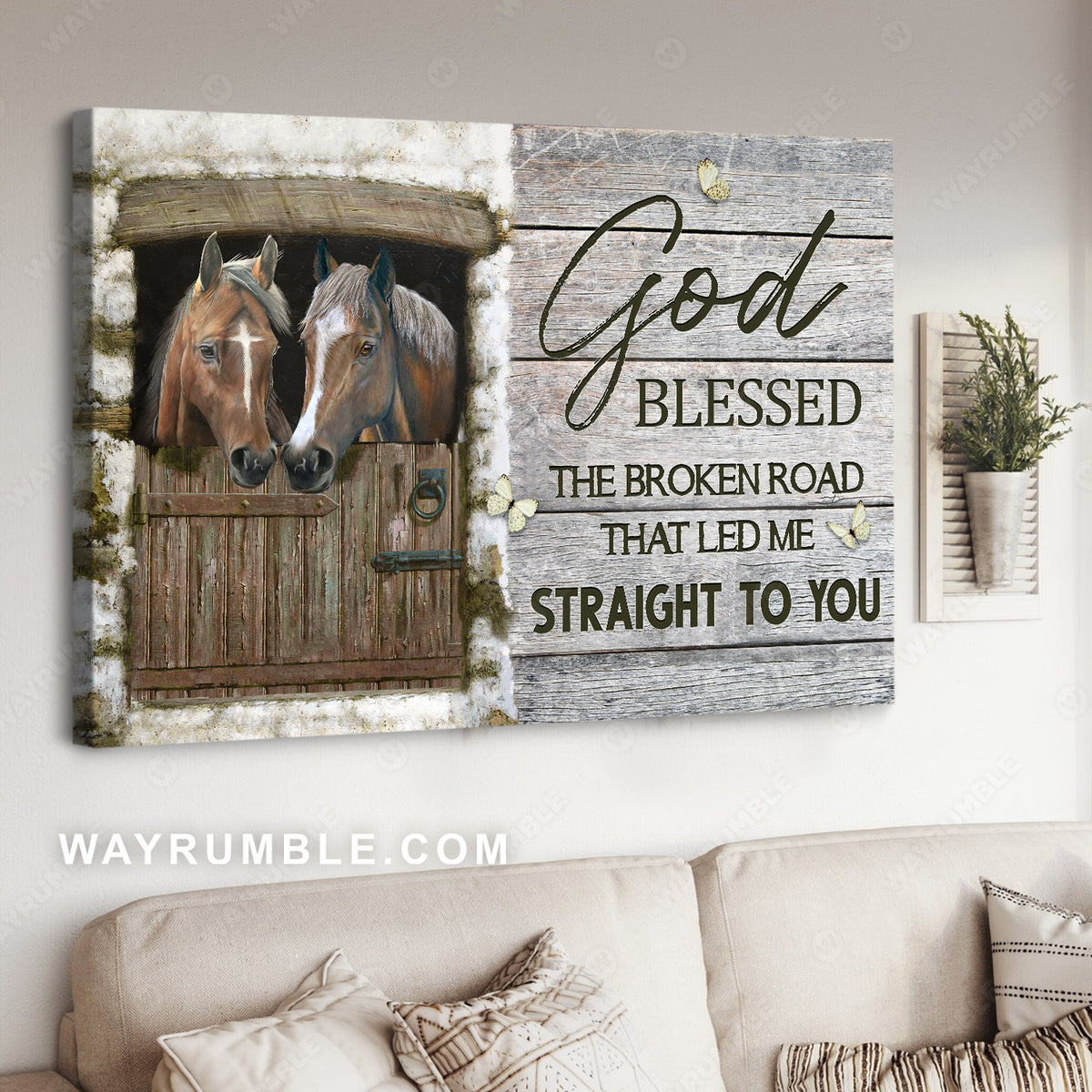 Snow house, Brown horses, Cross symbol, God blessed the broken road - Jesus Landscape Canvas Prints, Christian Wall Art
