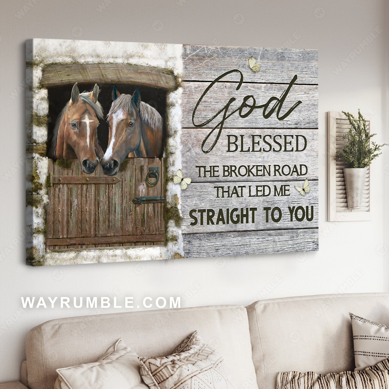 Snow house, Brown horses, Cross symbol, God blessed the broken road - Jesus Landscape Canvas Prints, Christian Wall Art