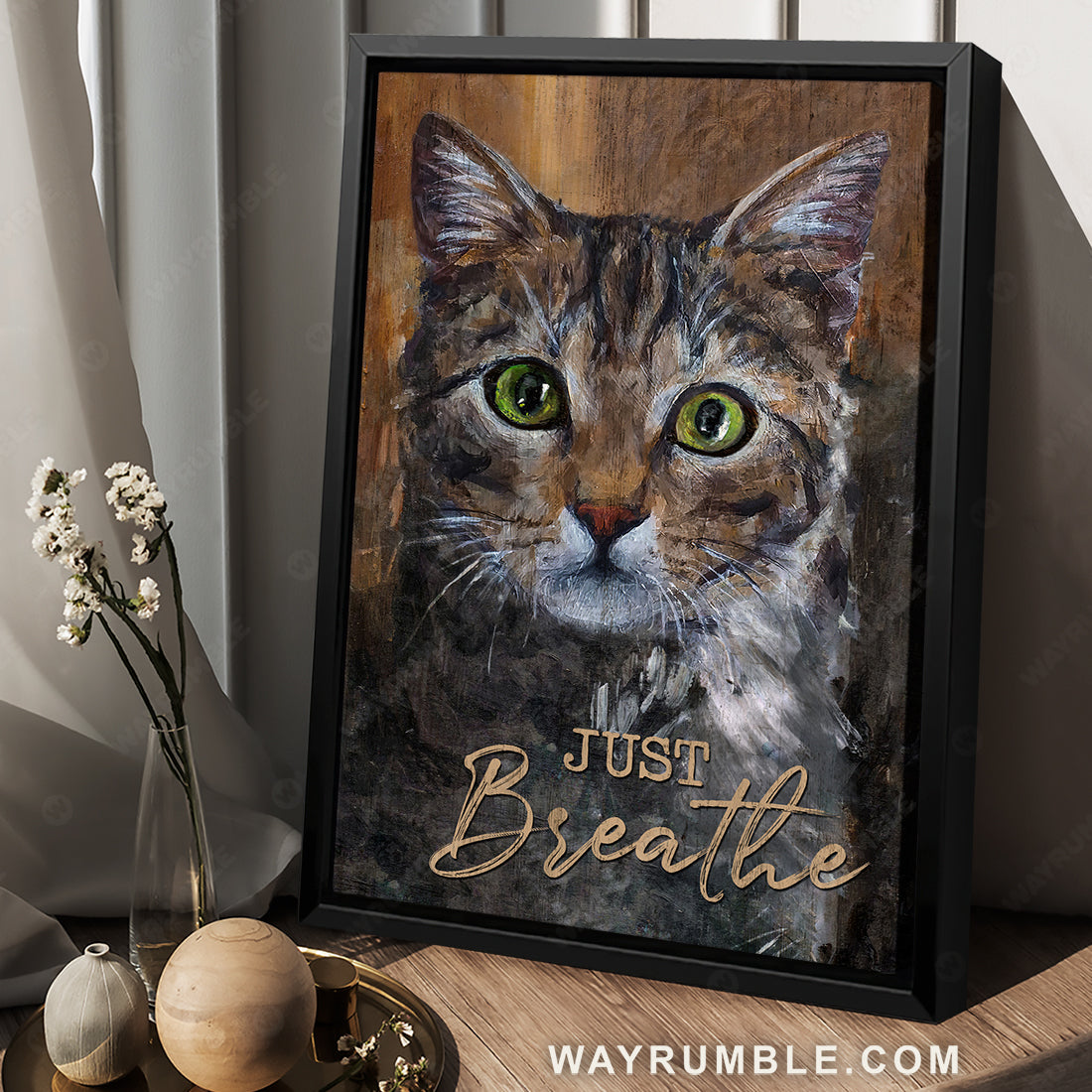 Cute cat painting, Green eyes, Cat lover, Just breathe - Jesus Portrait Canvas Prints, Christian Wall Art