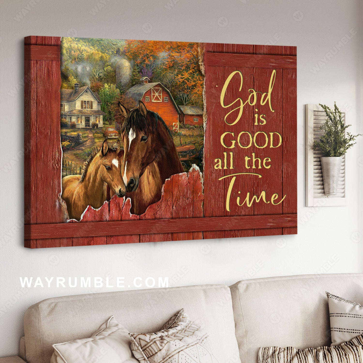Horses painting, Red maple tree, Autumn forest, God is good all the time - Jesus Landscape Canvas Prints, Christian Wall Art