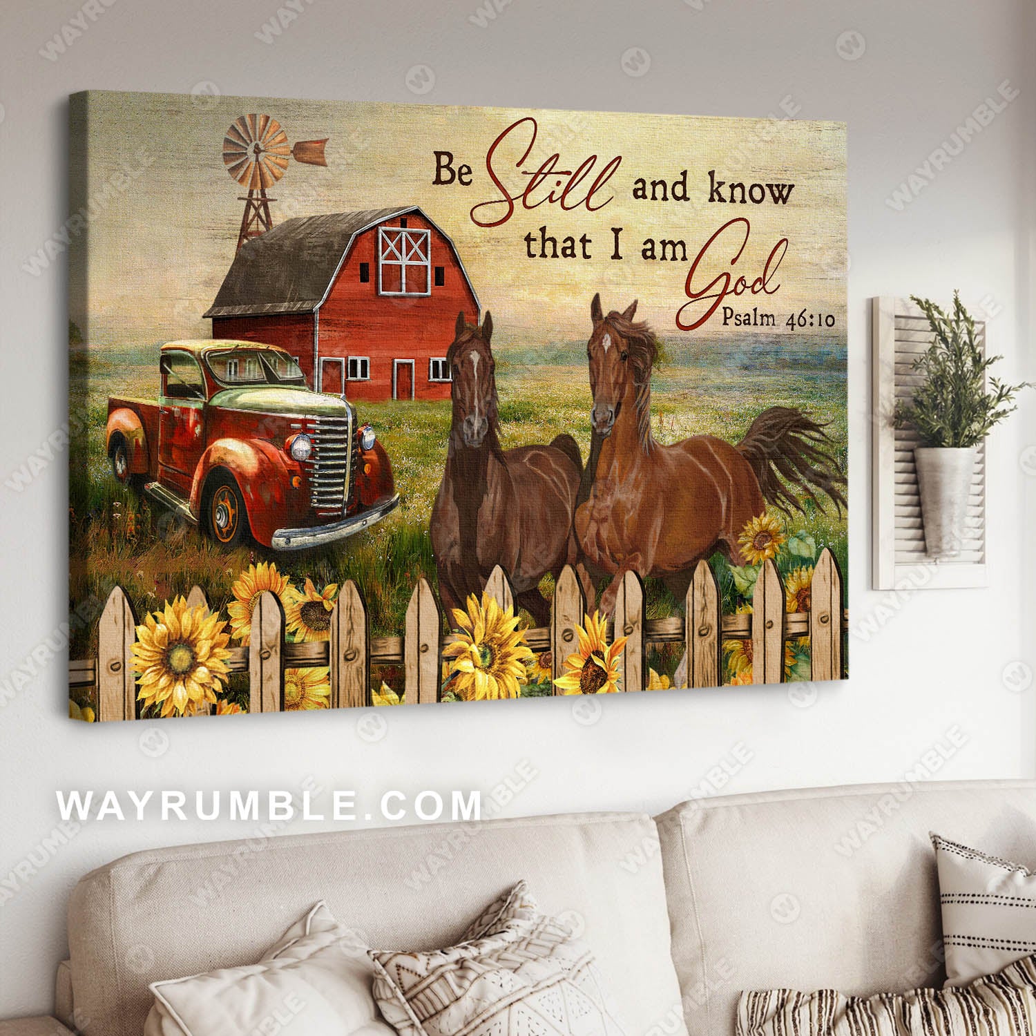 Horse drawing, Red vintage house, Old ladybug car, Be still and know that I am God - Jesus Landscape Canvas Prints, Wall Art