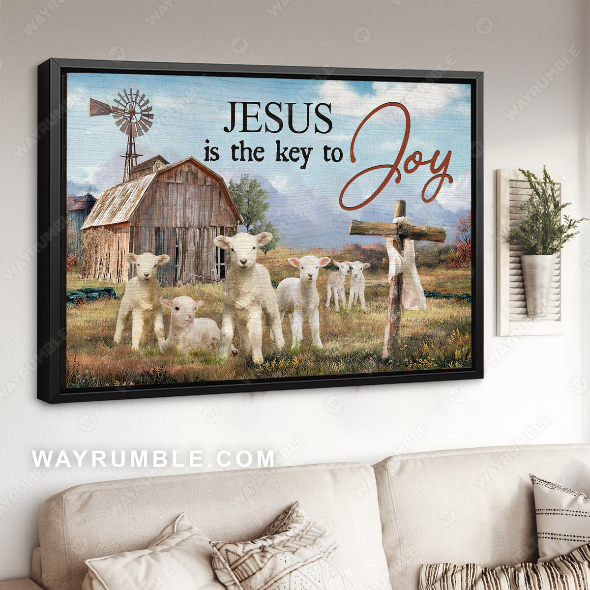 Lambs of God, Countryside landscape, Old barn house, Jesus is the key to Joy - Jesus Landscape Canvas Prints, Christian Wall Art