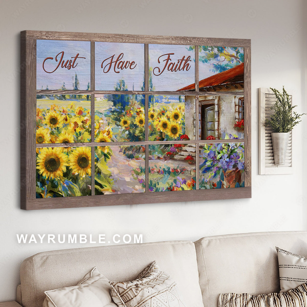 Sunflower garden, Purple flowers, Summer day, Just have faith - Jesus Landscape Canvas Prints, Christian Wall Art