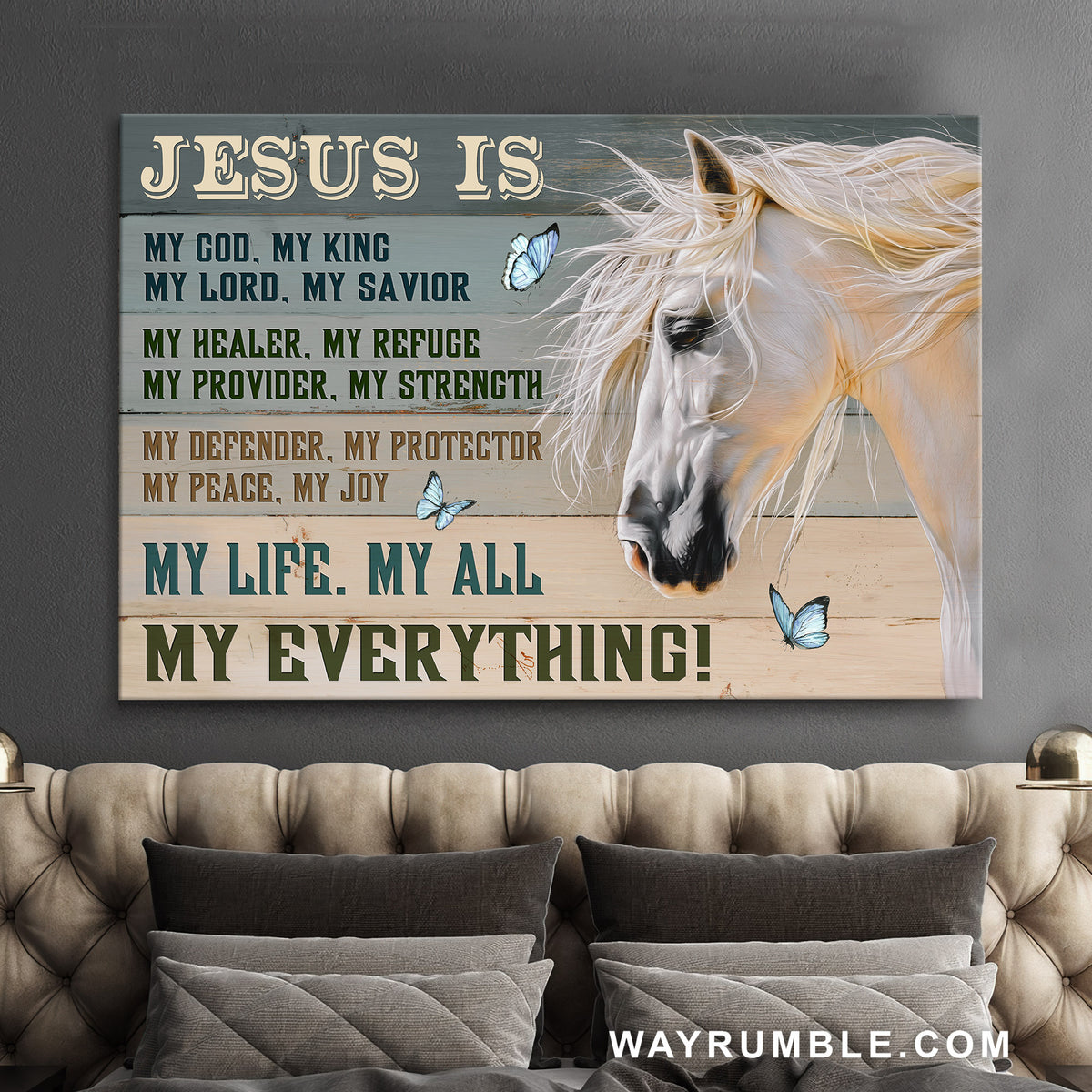 White horse painting, Blue butterfly, Jesus is my everything - Jesus Landscape Canvas Prints, Wall Art