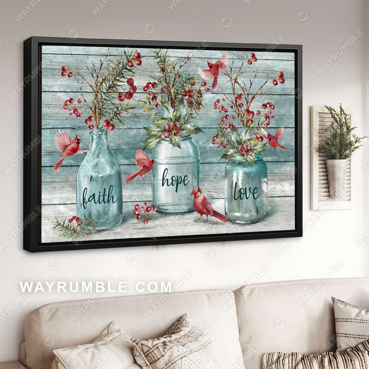 Vintage painting, Cardinal drawing, Cranberry painting, Faith Love Hope - Jesus Landscape Canvas Prints, Christian Wall Art