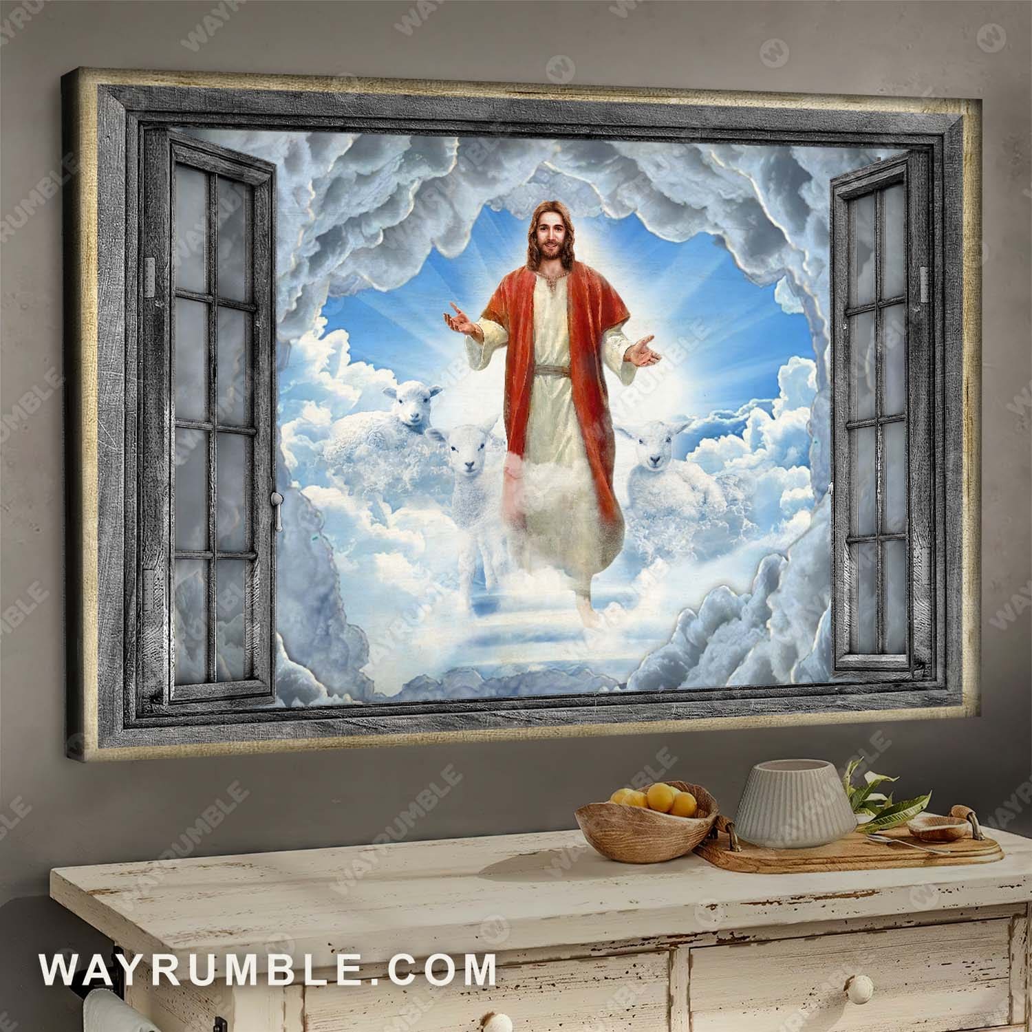 Come to Jesus, Jesus painting, He comes from heaven - Jesus, Window frame, Landscape Canvas Prints, Wall Art