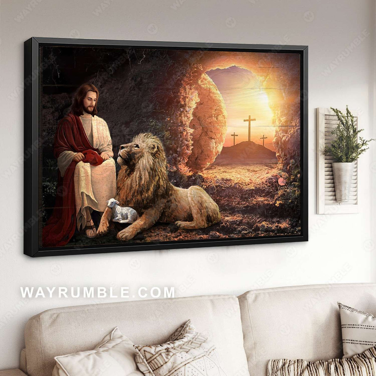 Jesus painting, In the cave, Beautiful sunrise, Jesus with the Lion of Judah - Jesus Landscape Canvas Prints, Christian Wall Art
