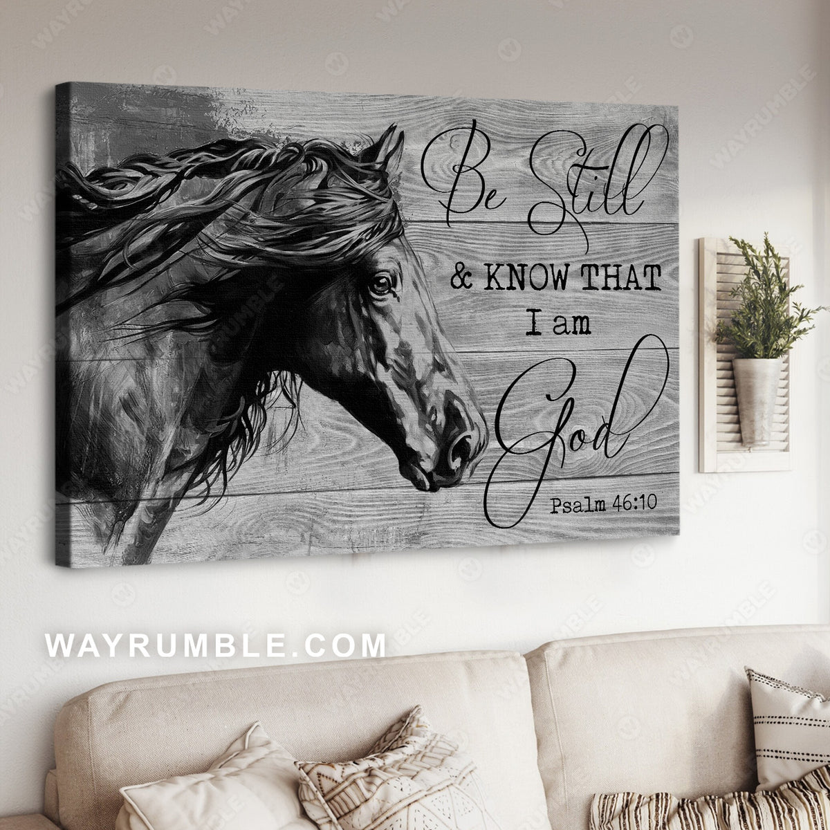 Horse drawing, Black and white painting, Be still and know that I am God - Jesus Landscape Canvas Prints, Christian Wall Art