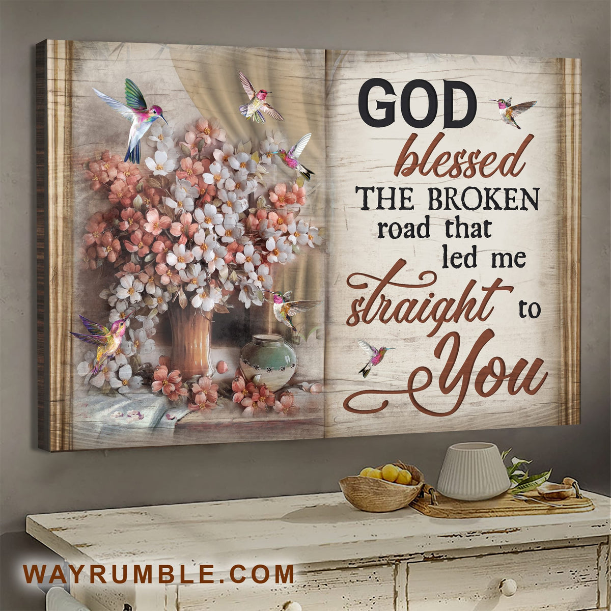 Hummingbird, Vintage flower, God blessed the road that led me to you - Jesus Landscape Canvas Prints, Wall Art
