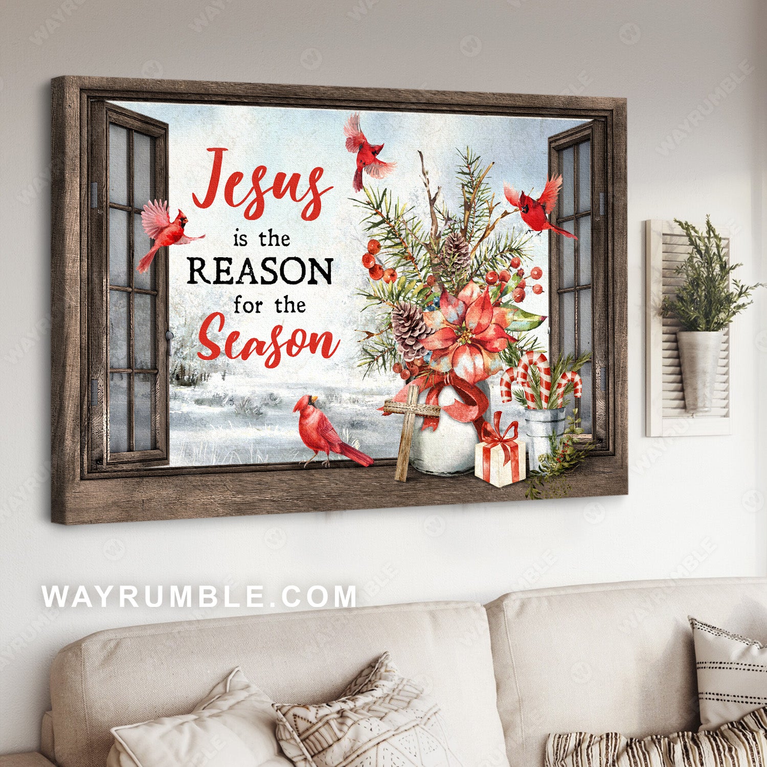 Cardinal painting, Poinsettia and pinecone, Christmas, Winter, Jesus is the reason for the season - Jesus Landscape Canvas Prints, Christian Wall Art