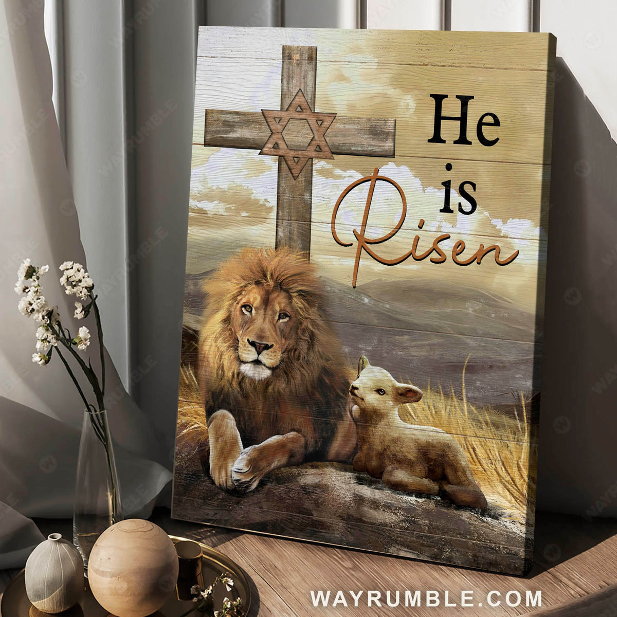 Lamb of God, Lion of Judah, On the grass field, The holy wooden cross, He is risen - Jesus Portrait Canvas Prints, Christian Wall Art