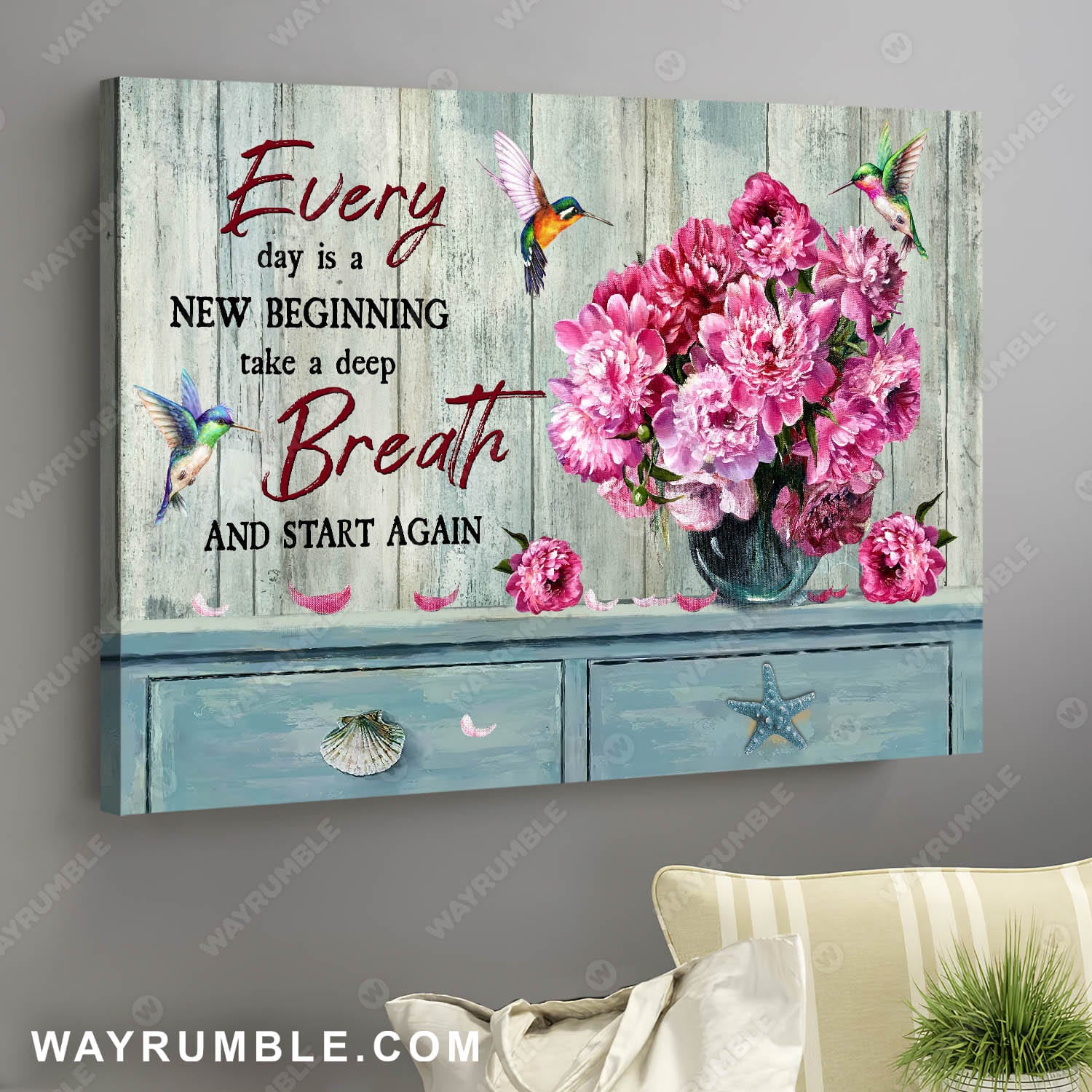 Hummingbird, Carnation vase, Still life painting, Every day is a new beginning - Jesus Landscape Canvas Prints, Wall Art