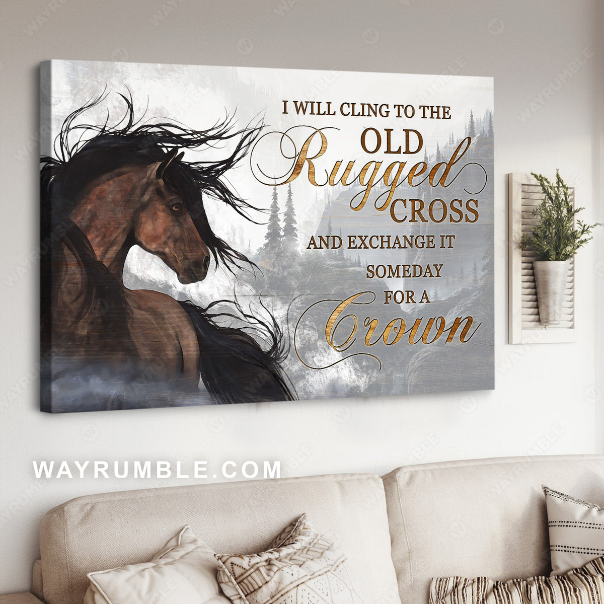 Horse painting, The amazing brown horse, Mountain landscape, I will cling to the old rugged cross - Jesus Landscape Canvas Prints, Christian Wall Art