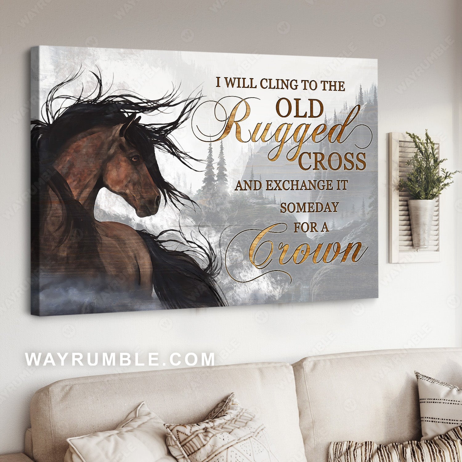 Horse painting, The amazing brown horse, Mountain landscape, I will cling to the old rugged cross - Jesus Landscape Canvas Prints, Christian Wall Art