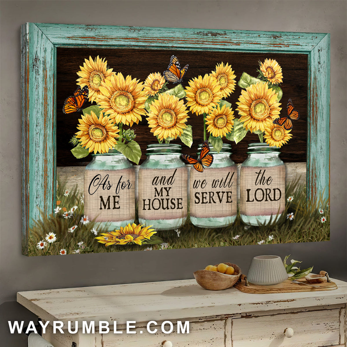 Beautiful sunflower jars, Butterfly, Picture frame, We will serve the lord - Jesus Landscape Canvas Prints, Wall Art
